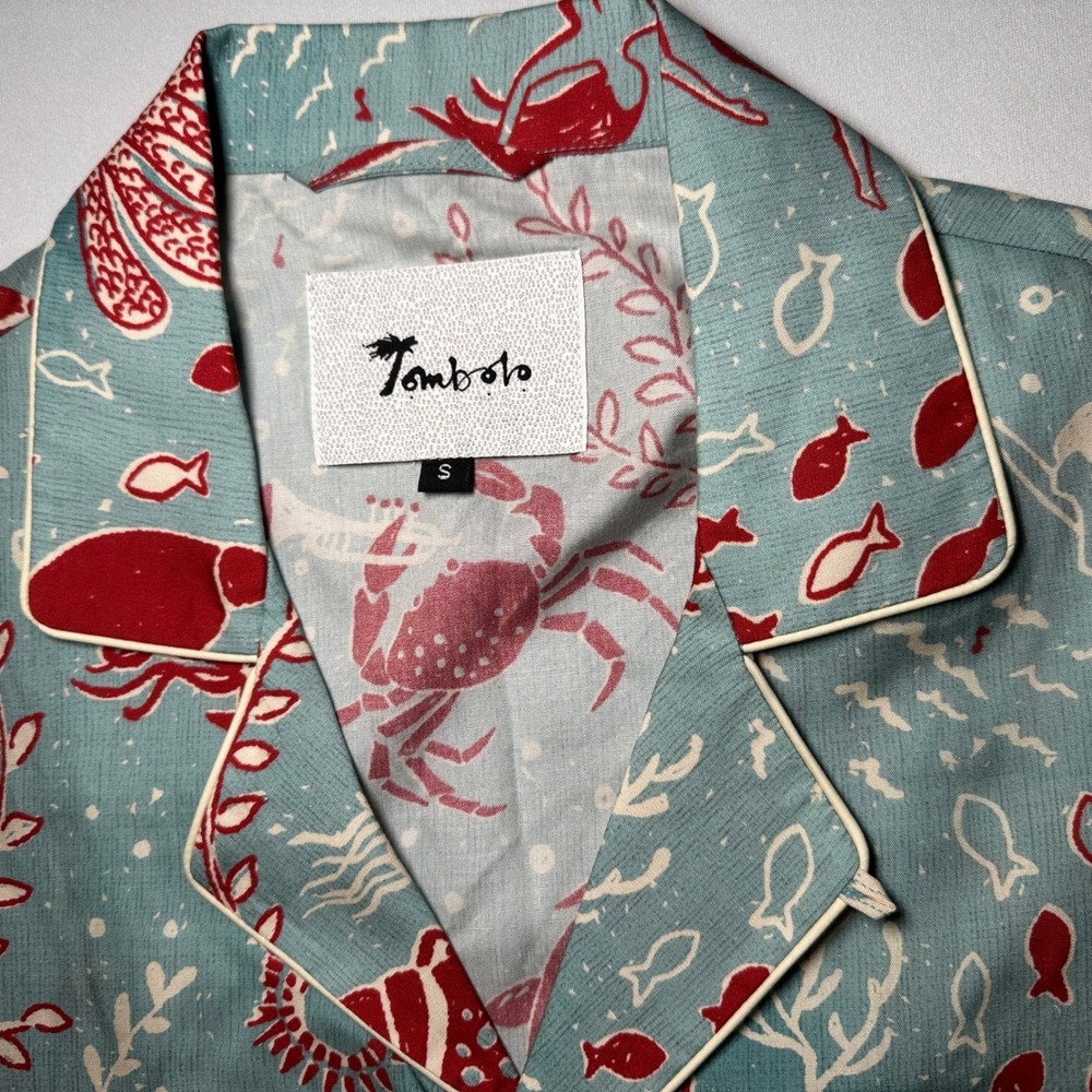 Tombolo Hawaiian Shirt Small French Blue Organic Tencel Mardi Gras Cabana Lounge - Picture 3 of 16